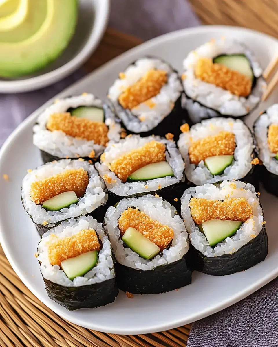 Sushi bites filled with crispy breaded fish and cucumber on a white plate, with lime nearby.