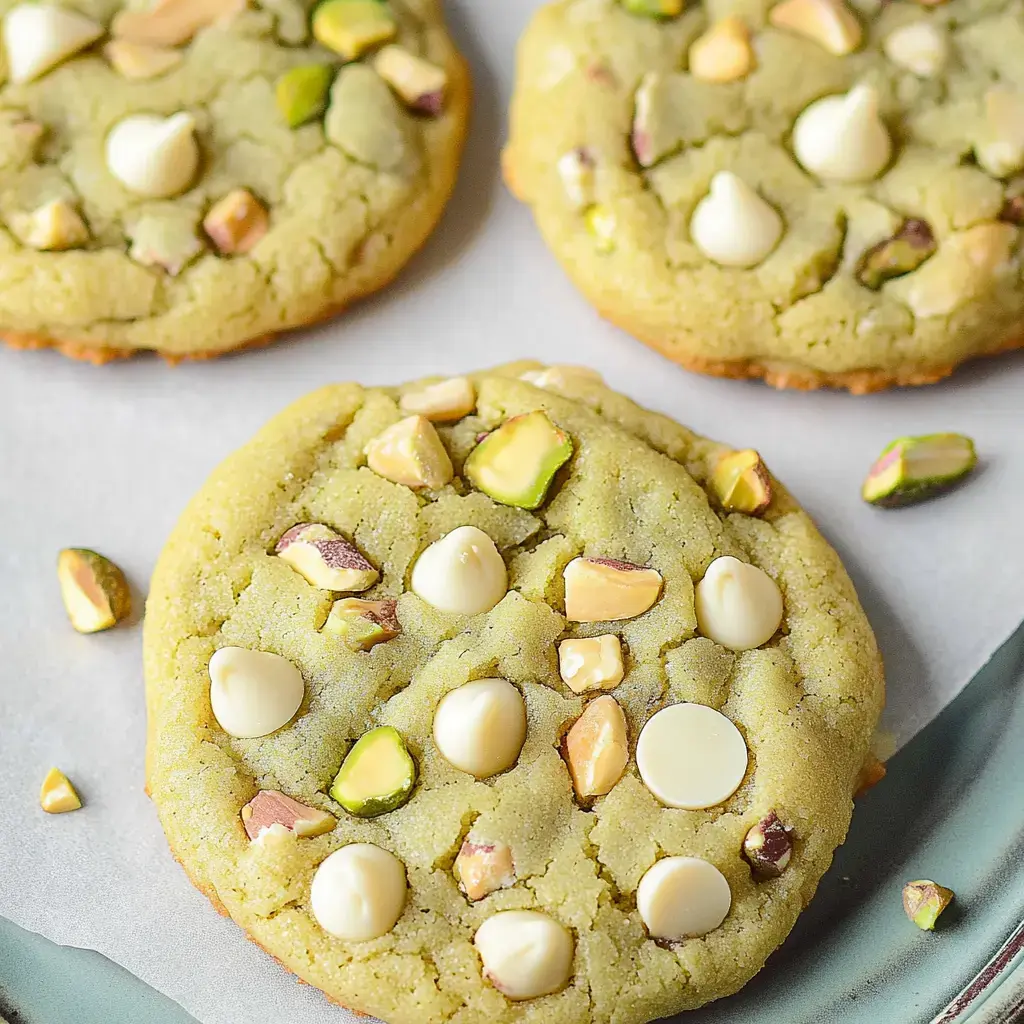 Three soft green cookies with white chocolate chunks and pistachio bits resting on parchment paper.