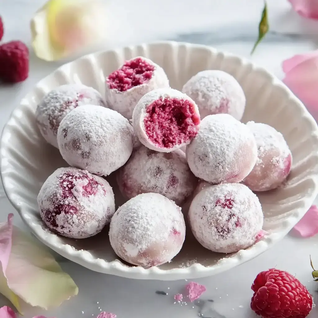 A plate of round, pink dessert balls dusted with powdered sugar, with one ball bitten to show off its pink inside, surrounded by raspberries and flower petals.
