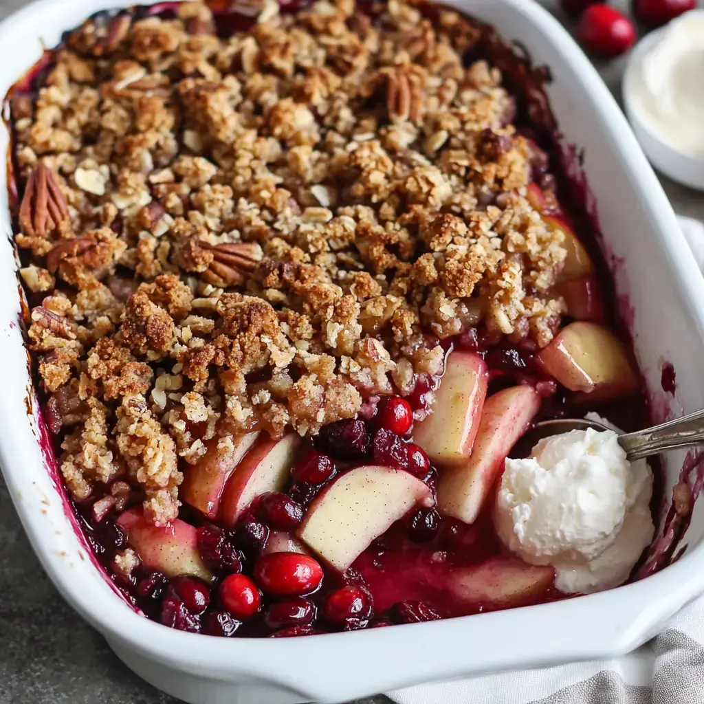 Slices of apples and cranberries topped with crisp crumbs, served warm with a scoop of whipped cream nearby