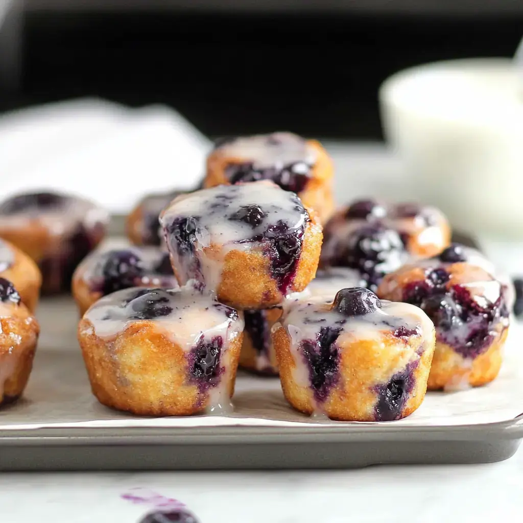 A stack of tiny glazed muffins with plump blackberries on top, all golden and glossy.