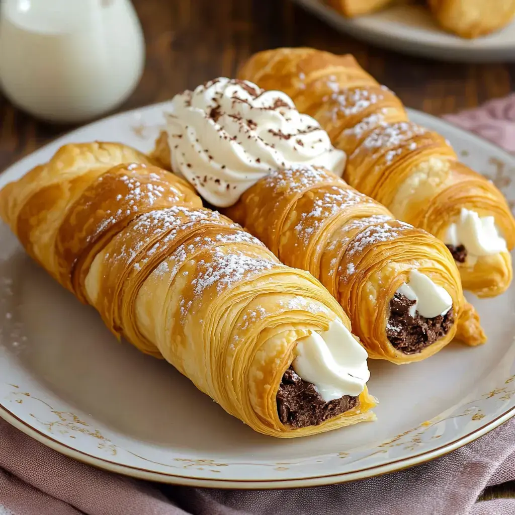 Three golden pastry rolls filled with chocolate cream, topped with powdered sugar and whipped cream on a plate.