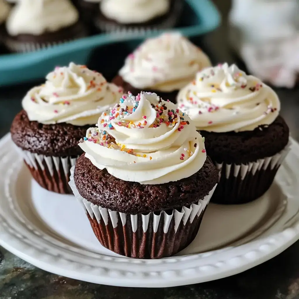 Chocolate cupcakes topped with white vanilla frosting and colorful sprinkles.