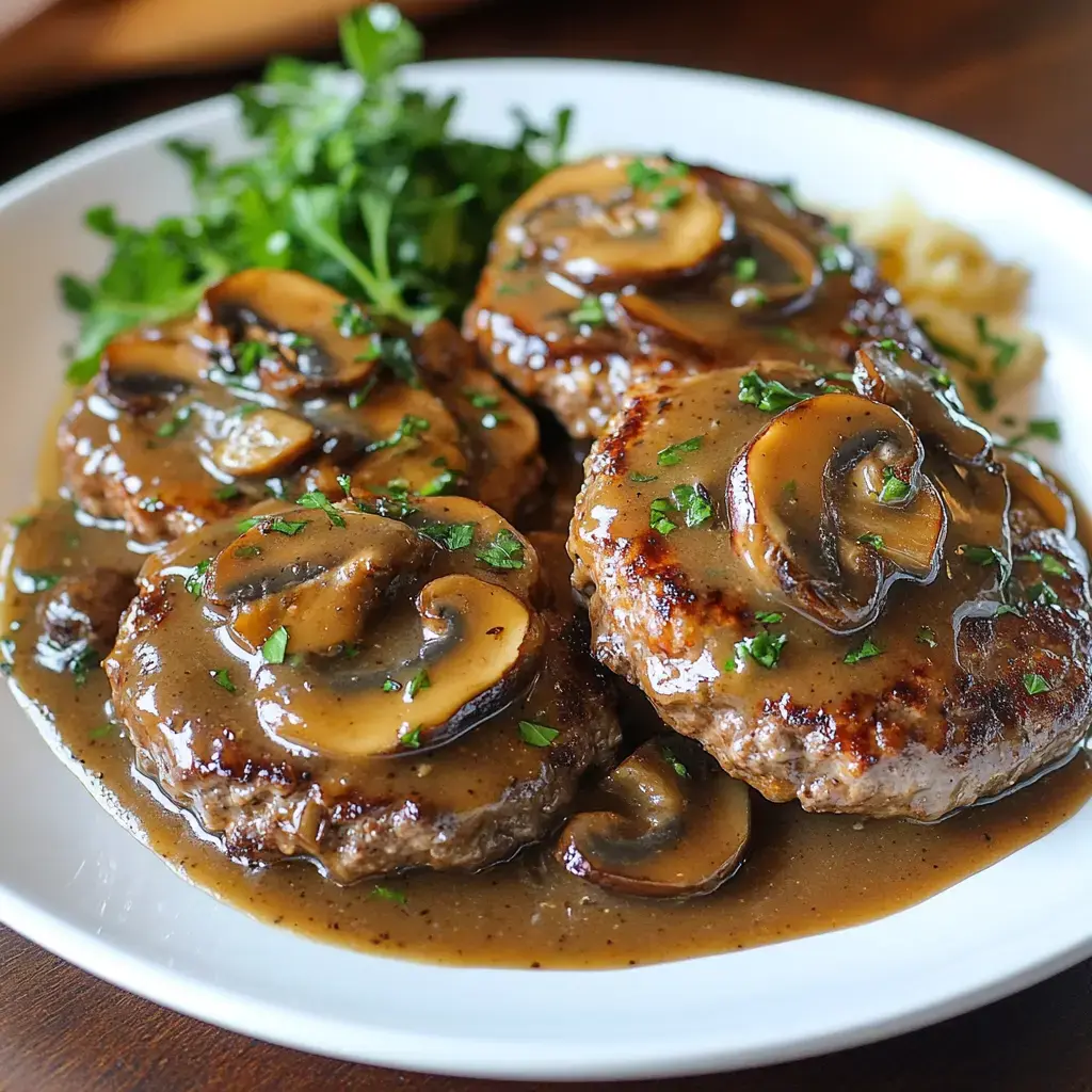 Four beef steaks smothered in mushroom sauce on a plate with some greens on the side.