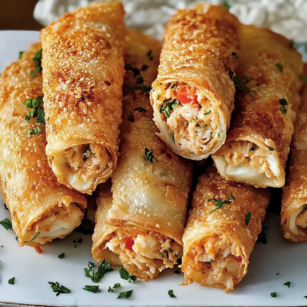 Crispy fried rolls packed with savory chicken filling, topped with fresh parsley on a white plate.
