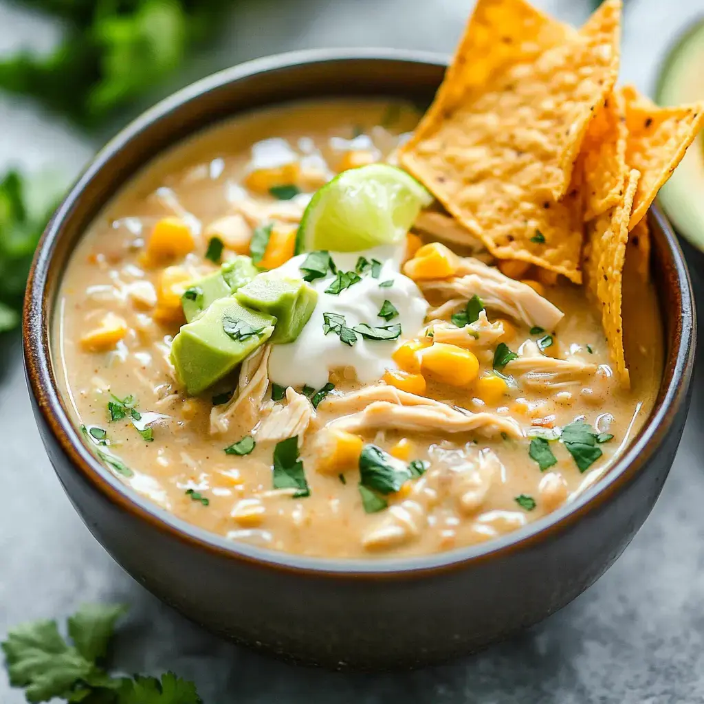 Creamy bowl of chicken soup with avocado, corn, cilantro, sour cream, and crunchy tortilla chips on top.