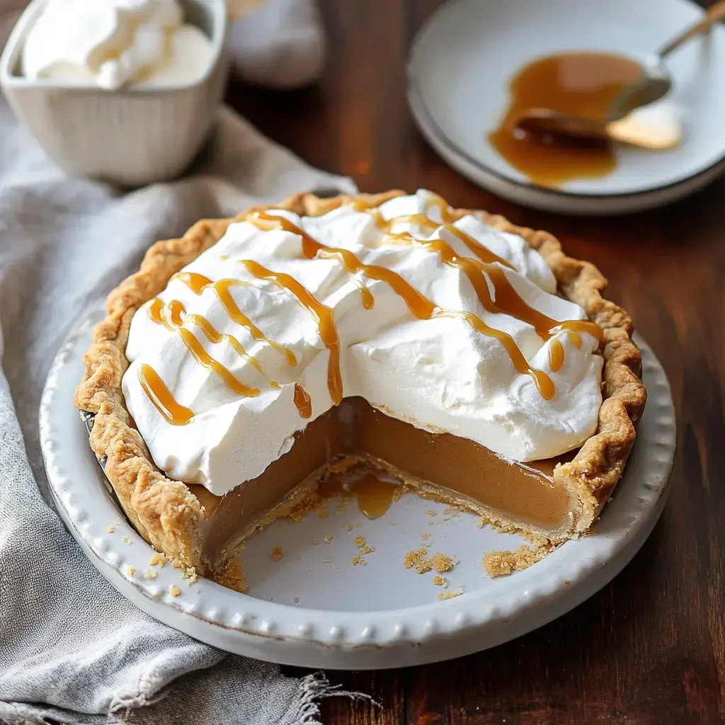 A smooth filling pie with caramel drizzle and whipped cream, missing a slice to reveal the inside.