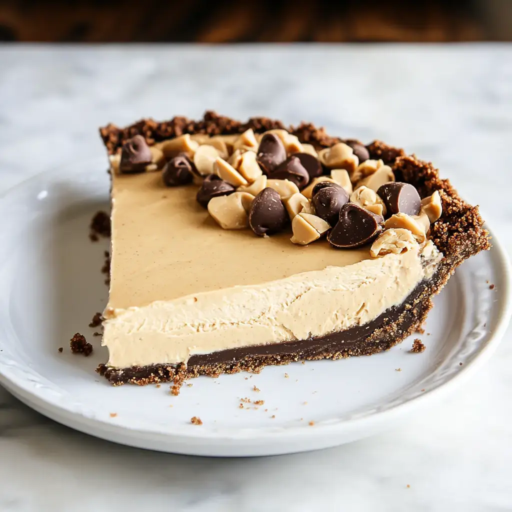 A rich peanut butter pie slice with chocolate chips and nuts on a white plate.