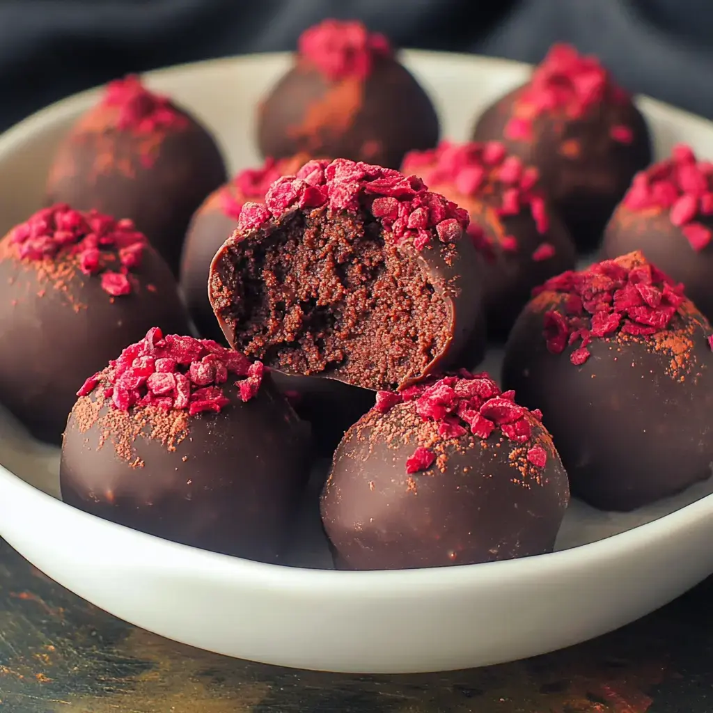 A plate of chocolate truffles topped with red raspberry bits, with one truffle cut in half to show its rich middle.