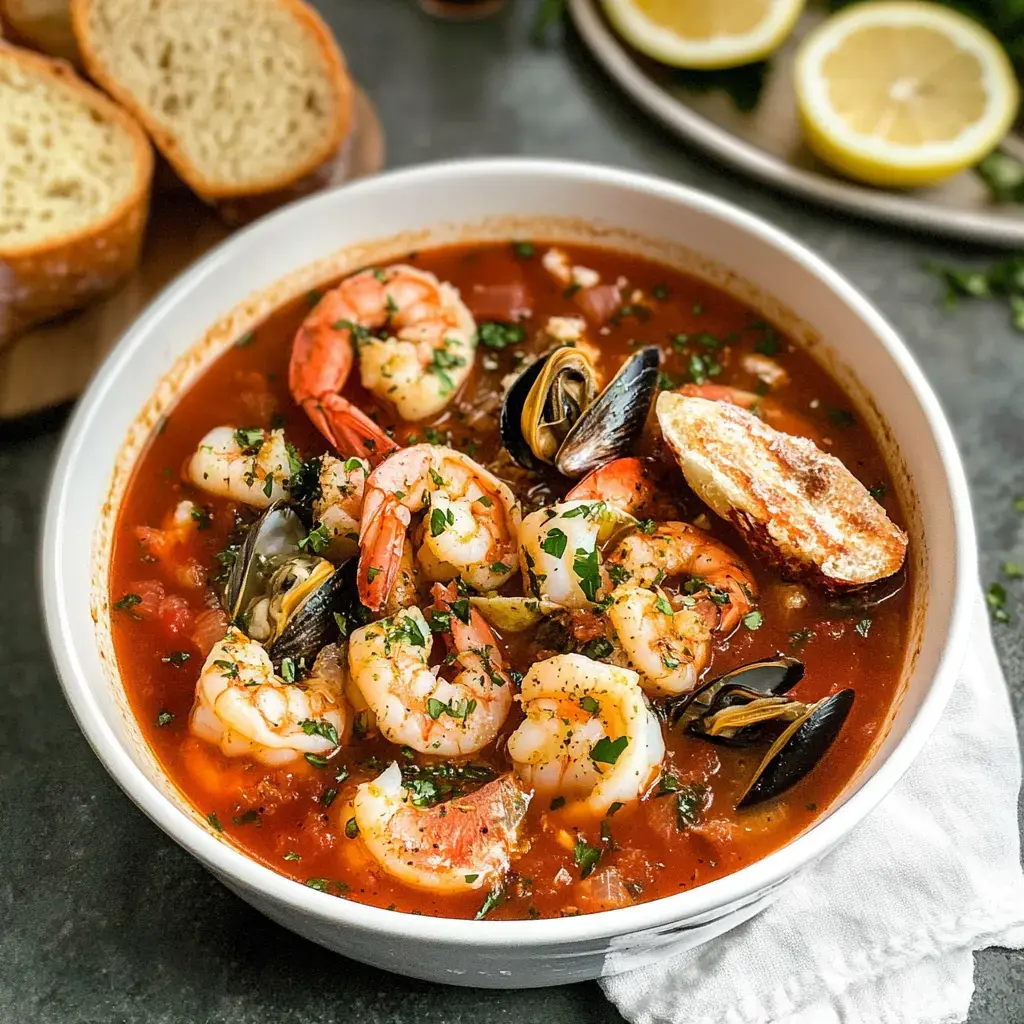 Seafood stew with shrimp, mussels, herbs, crusty bread, and lemon wedges served in a bowl.