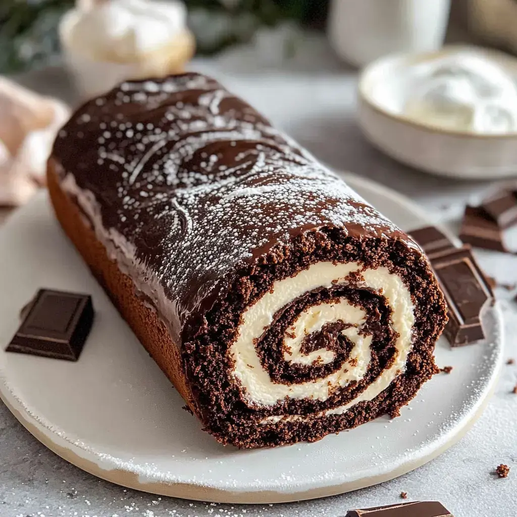 A soft chocolate roll packed with creamy filling, sprinkled with powdered sugar on a white plate next to chocolate pieces.