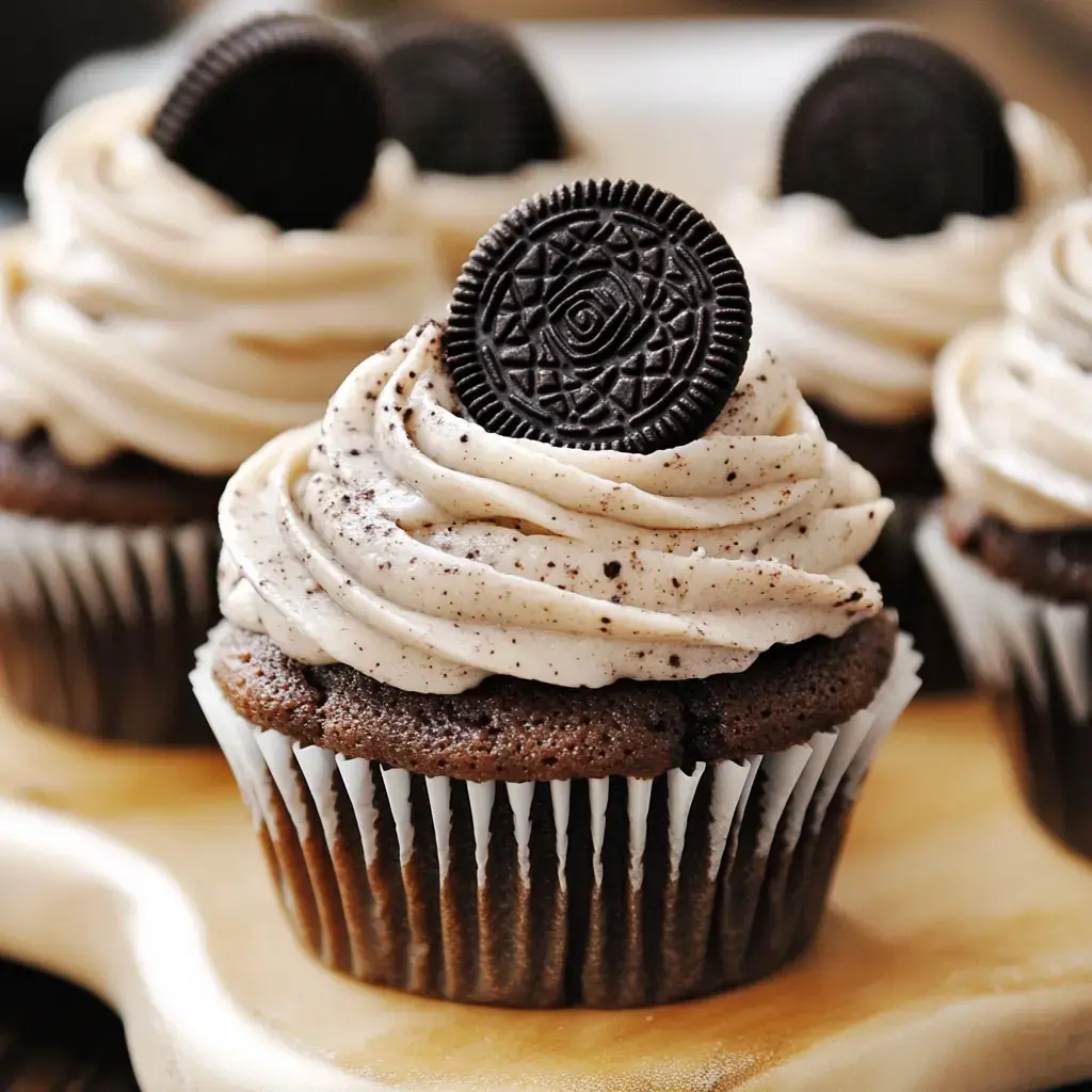 Close-up of chocolate cupcakes topped with light brown creamy frosting swirls and Oreos on top.