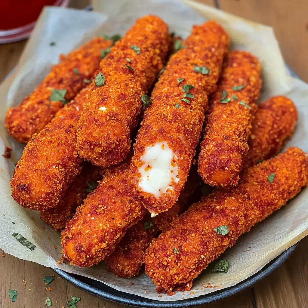Cheese sticks with a spicy orange crust on a plate, one cracked open and oozing cheese, topped with herbs.