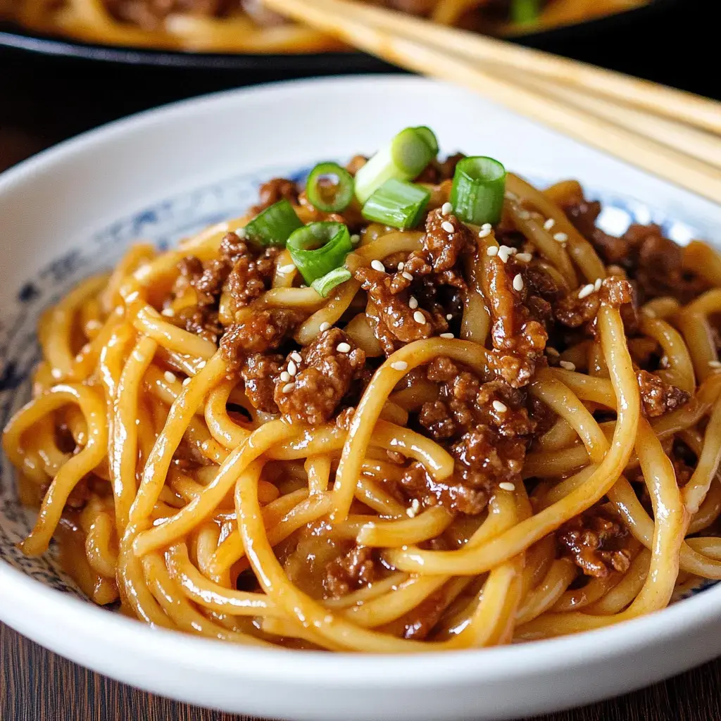 A bowl of noodles with beef, green onions, and sesame seeds on top.