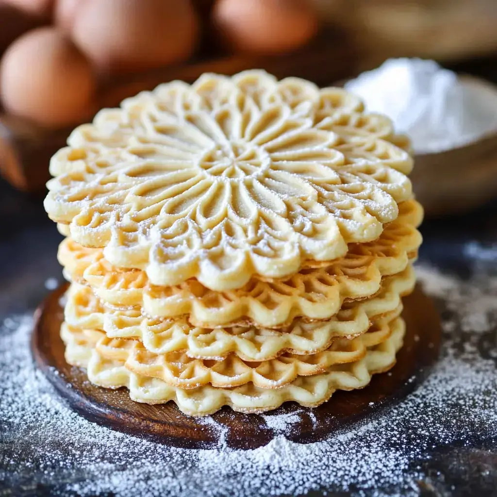 A stack of golden, thin, and crisp pizzelle topped with sugar, with flour and eggs peeking out behind.