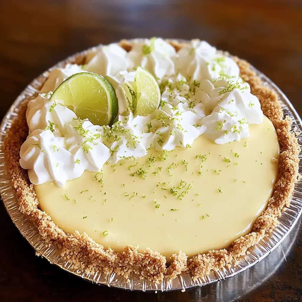 Lime pie on a graham crust, garnished with whipped cream, lime slices, and zest.
