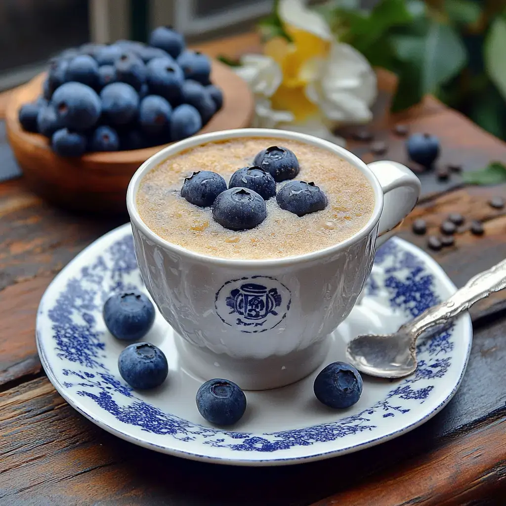 A cup loaded with creamy goodness and topped with blueberries, set on a pretty blue-and-white saucer, with scattered blueberries and a spoon beside it.