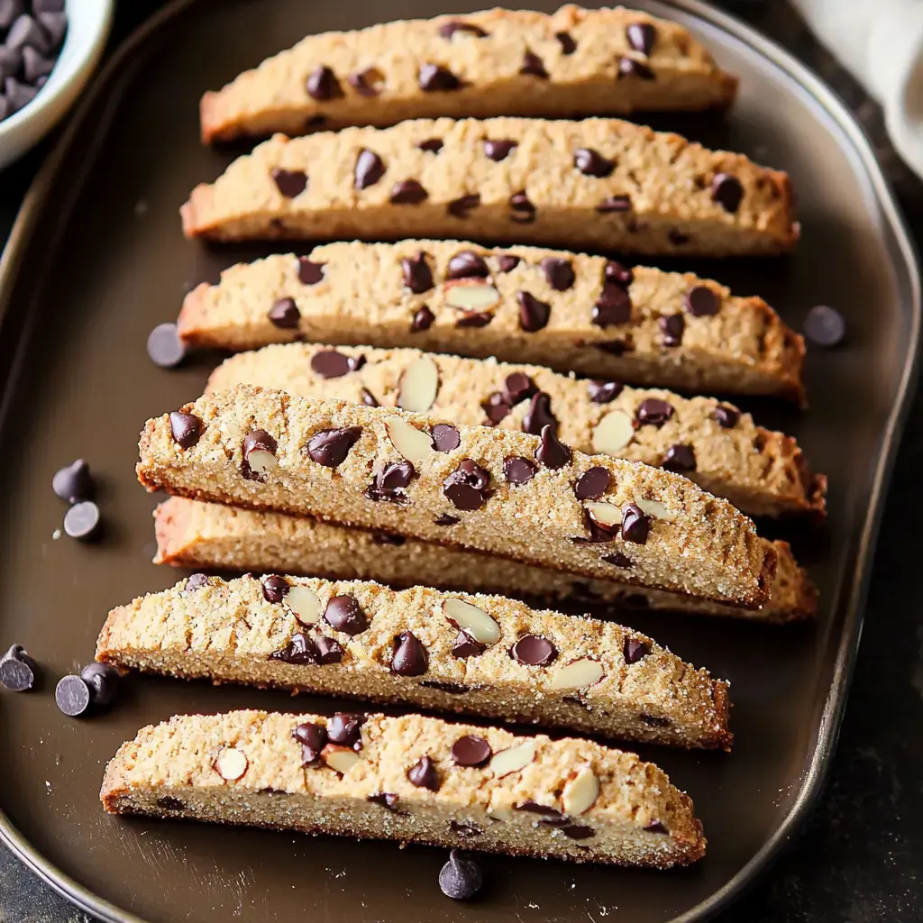 Slices of crunchy biscotti covered in chocolate and almonds on a plate.