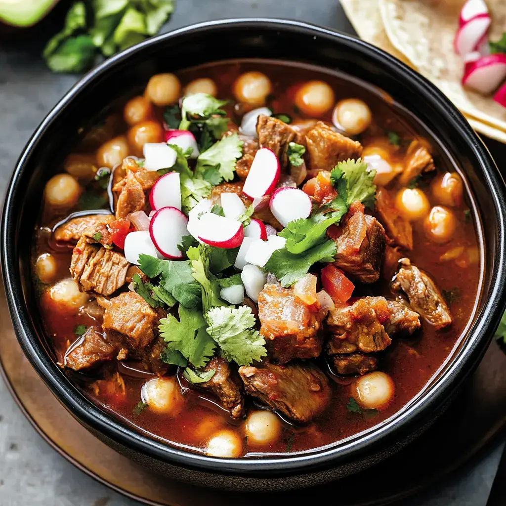 Steaming bowl with beef, radishes, cilantro, and onions, paired with small dumplings on the side.