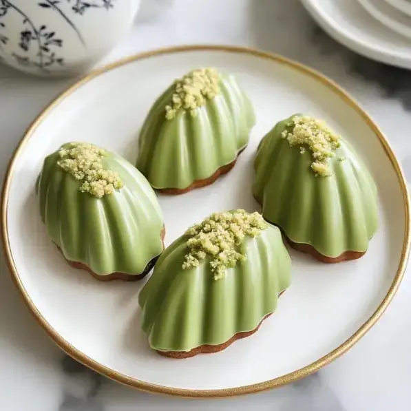 Four green, shell-shaped cakes with yellow sprinkles on a white and gold plate.