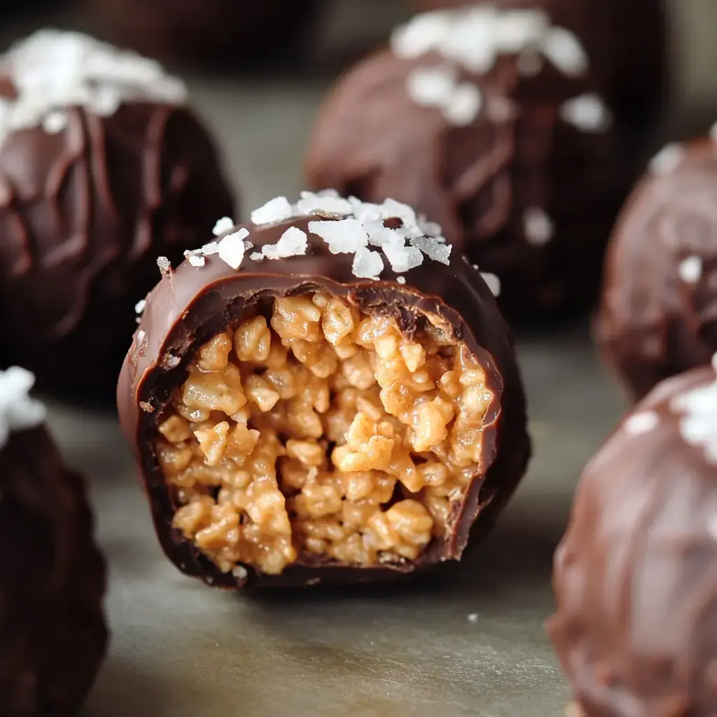 A zoomed-in chocolate-coated bite with a crispy peanut center, sprinkled with sea salt.