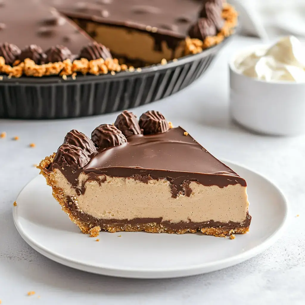 A white plate holds a slice of peanut butter chocolate tart topped with candy. The full tart sits visible in the back.
