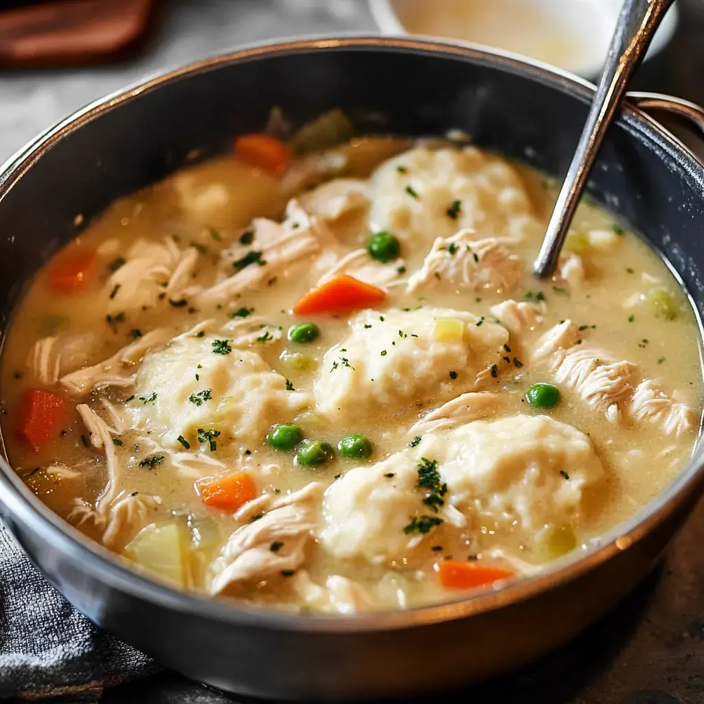 A bowl packed with chicken and dumplings, creamy broth, chunks of chicken, colorful veggies, and light, fluffy dumplings.