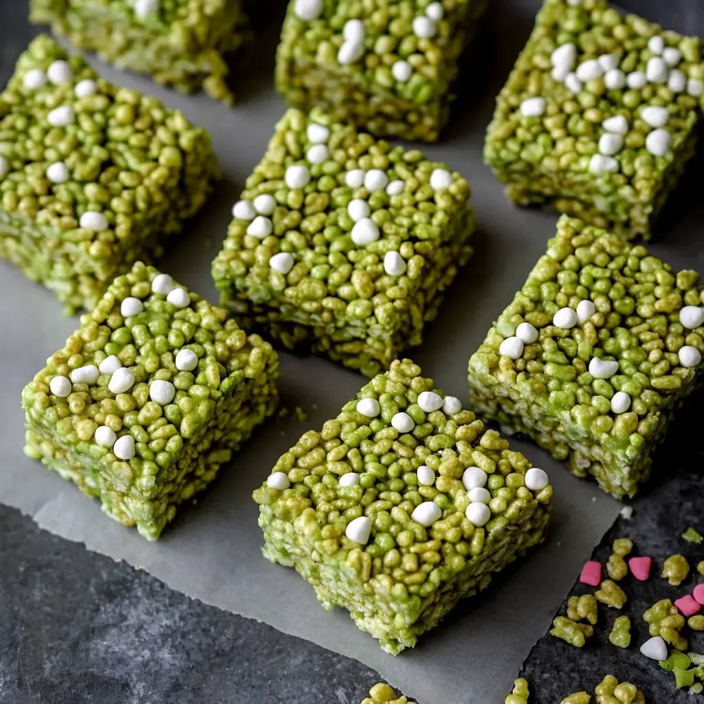 Overhead shot of green and white crispy squares lined up on a dark background.