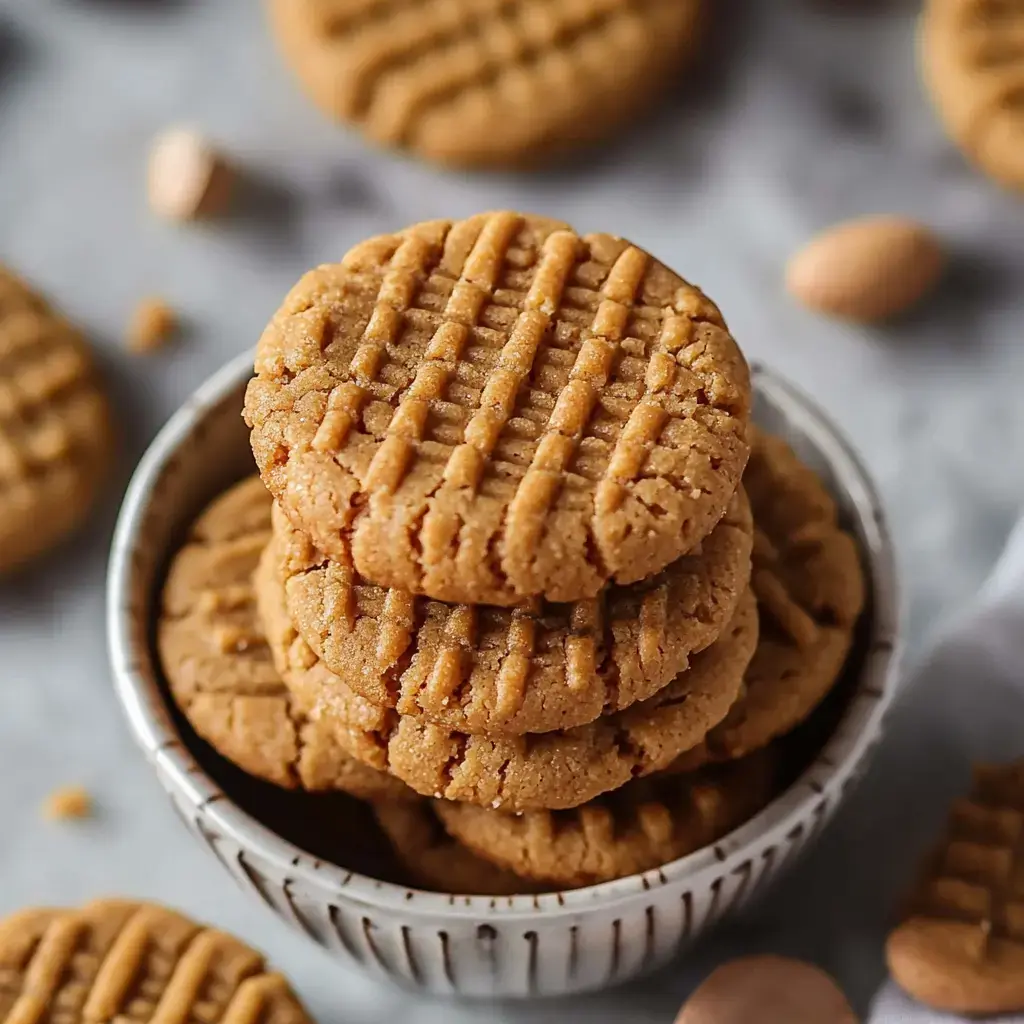 A small pile of golden peanut butter cookies in a bowl with a soft background.