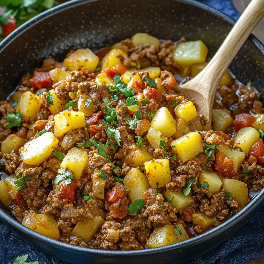Big bowl of beef and potatoes with chopped cilantro on top, served with a wooden spoon on the side.