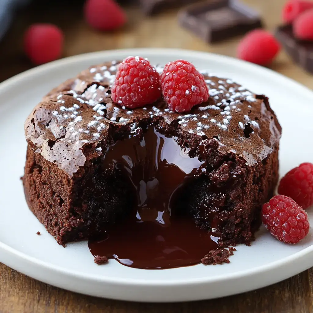 A gooey molten chocolate dessert on a plate garnished with raspberries and a sprinkle of powdered sugar.