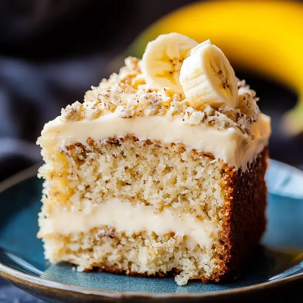 A moist banana cake slice with creamy frosting and fresh banana slices on a teal plate, with a blurred banana in the back.