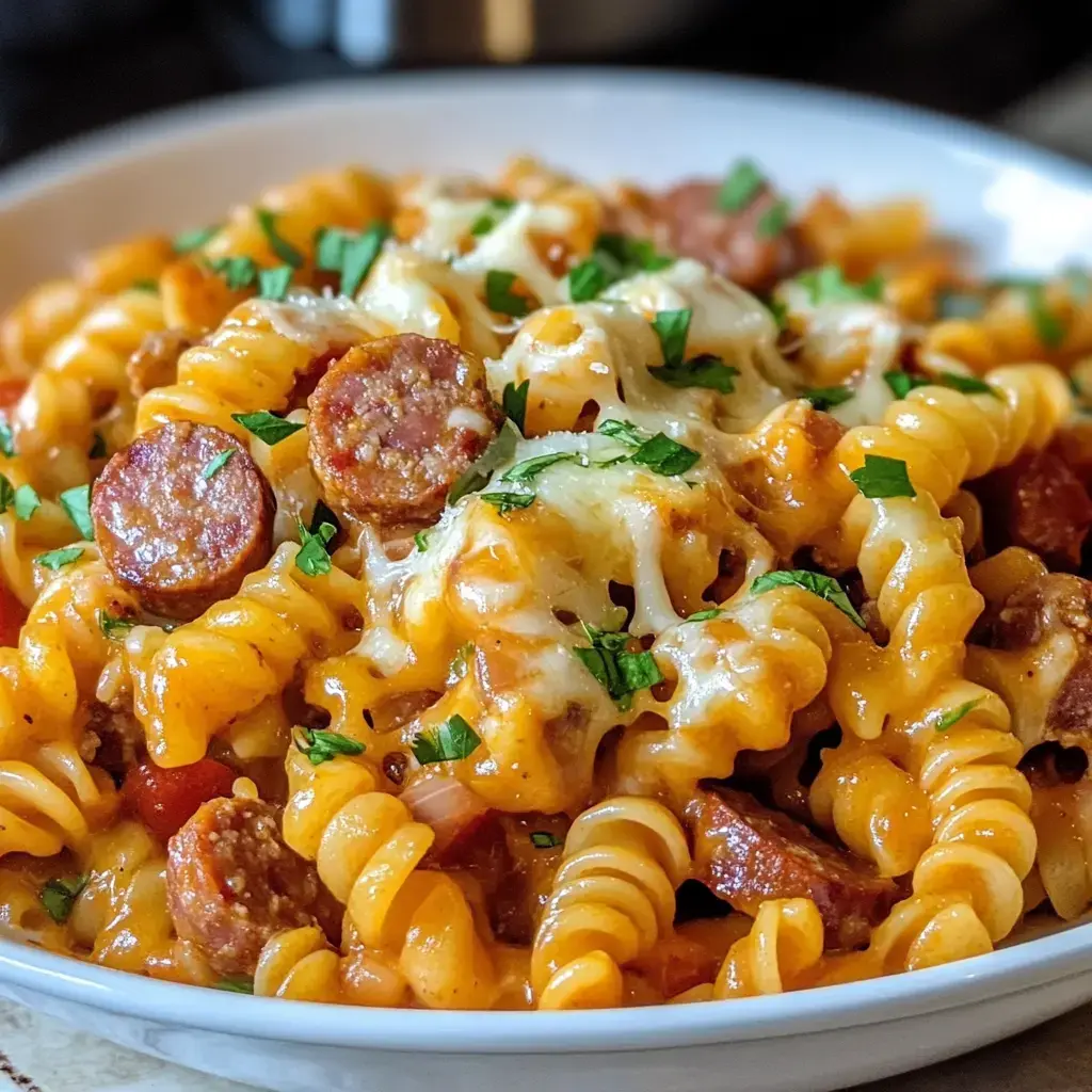 Closeup of cheesy pasta with sausage, topped with fresh parsley.
