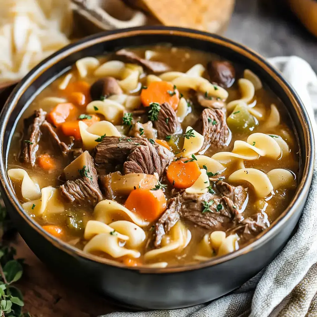 Chunks of beef, spiraled noodles, carrots, and some herbs all in a cozy wooden bowl.