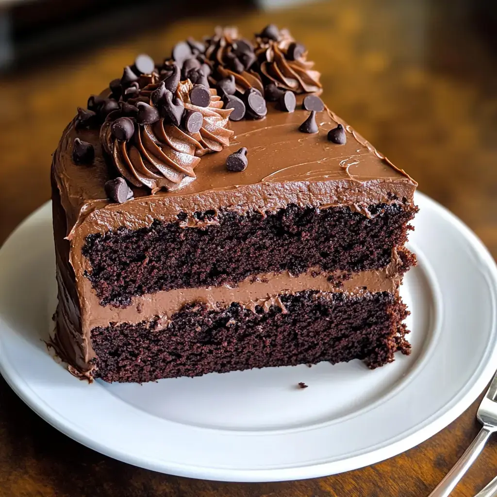 A decadent piece of chocolate cake with frosting and chocolate chips, served on a white plate.
