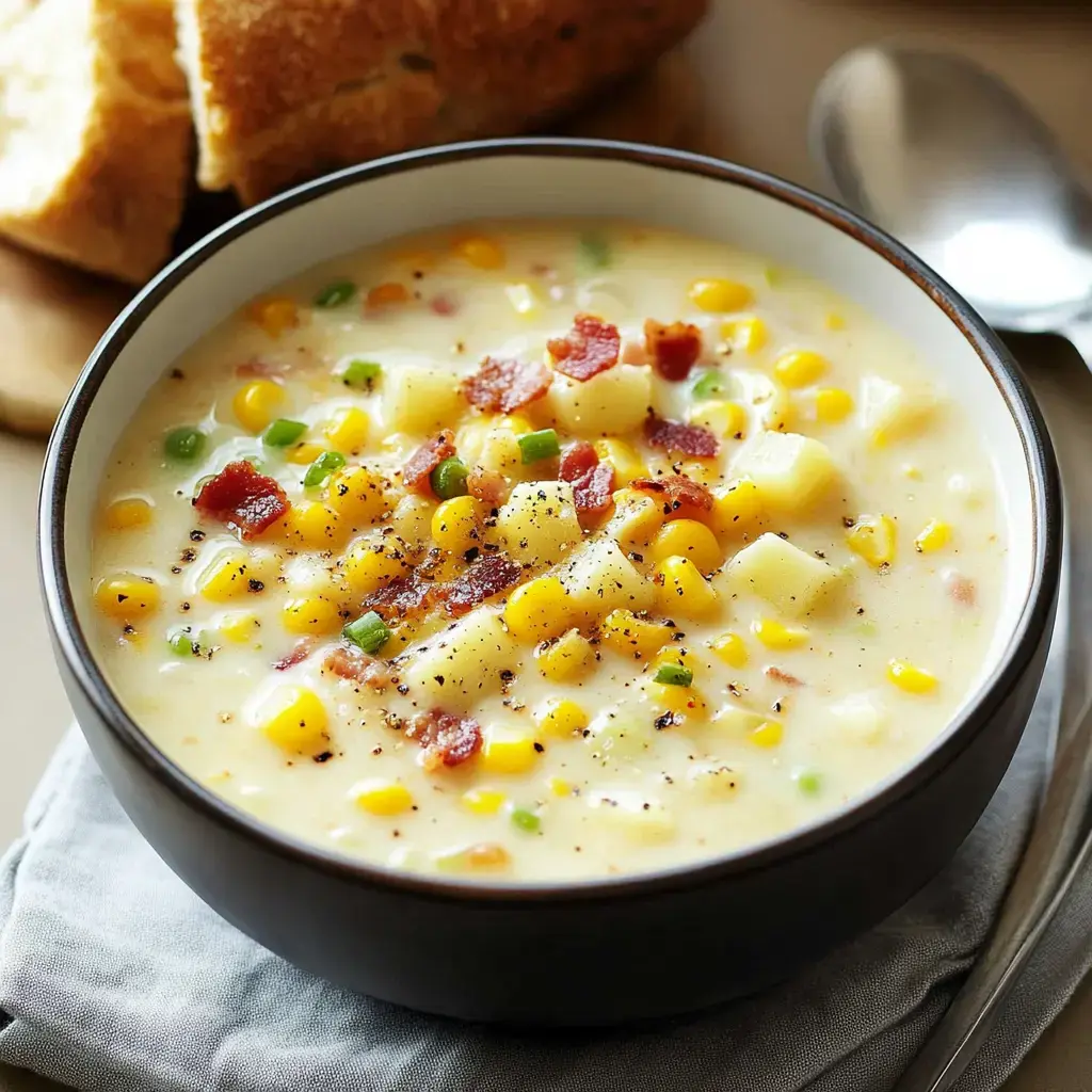 Creamy corn and potato soup in a bowl with bacon bits and green onions, bread on the side.