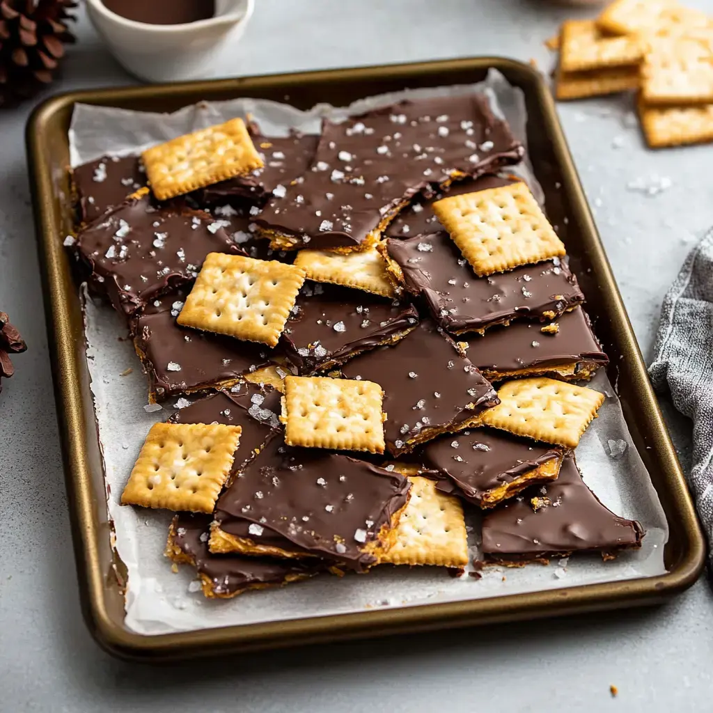 Sheet of crackers splashed with chocolate and sea salt, some stacked, all on a gray table.