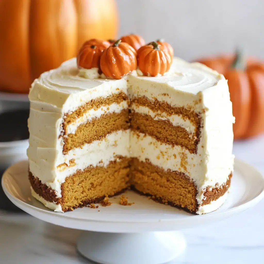 Sliced spiced pumpkin layer cake with creamy frosting and small decorative pumpkins on top, sitting on a white pedestal.