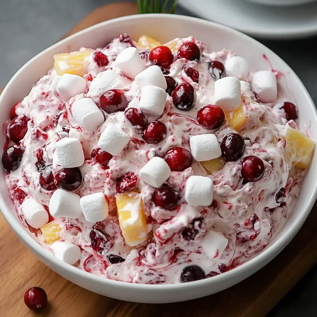 A colorful mix of cranberries, pineapple, and marshmallows in a creamy, holiday-inspired dressing.