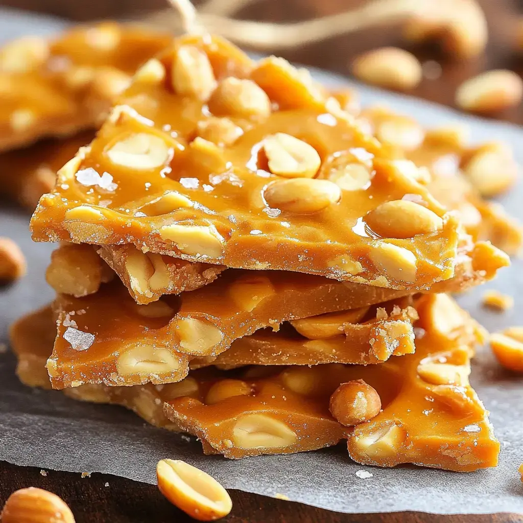 Several pieces of golden peanut brittle topped with sea salt, resting on parchment paper.