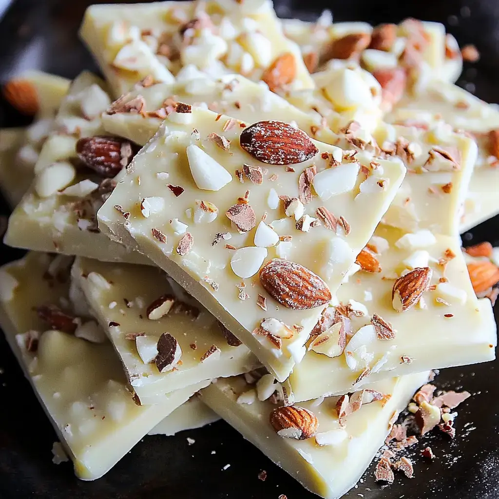 Chunks of white chocolate bark topped with chopped almonds and chocolate bits sitting on a black plate.