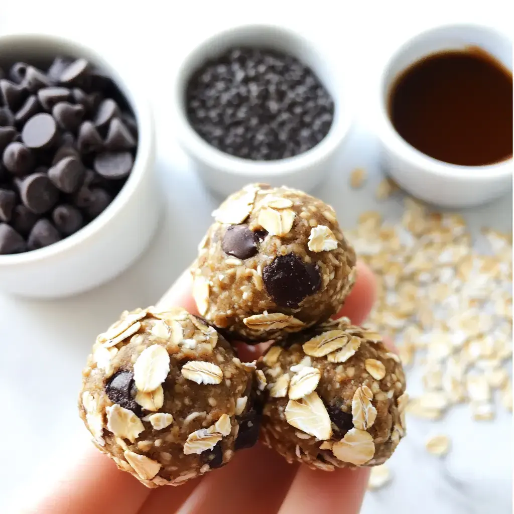 Three oat and chocolate chip energy balls in a hand, surrounded by bowls of chia seeds, chocolate chips, and honey.