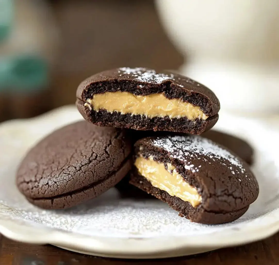 A plate of soft chocolate cookies bursting with a creamy peanut butter filling and powdered sugar on top.