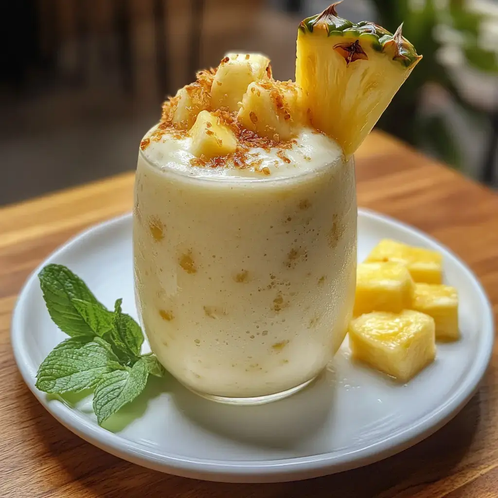 A frosty tropical drink with pineapples and cherries on top, served alongside fresh pineapple chunks.