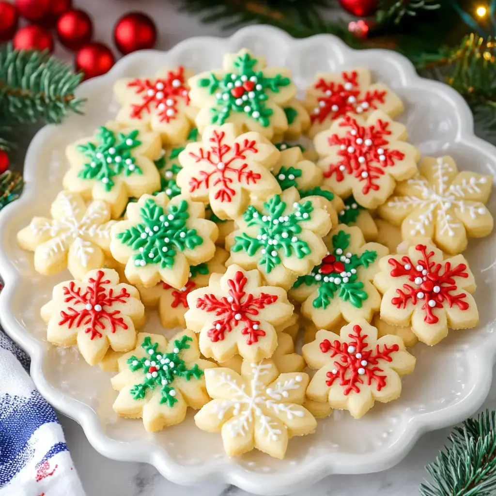 A gorgeous plate filled with snowflake cookies covered in colorful red and green icing, perfect for the holidays.