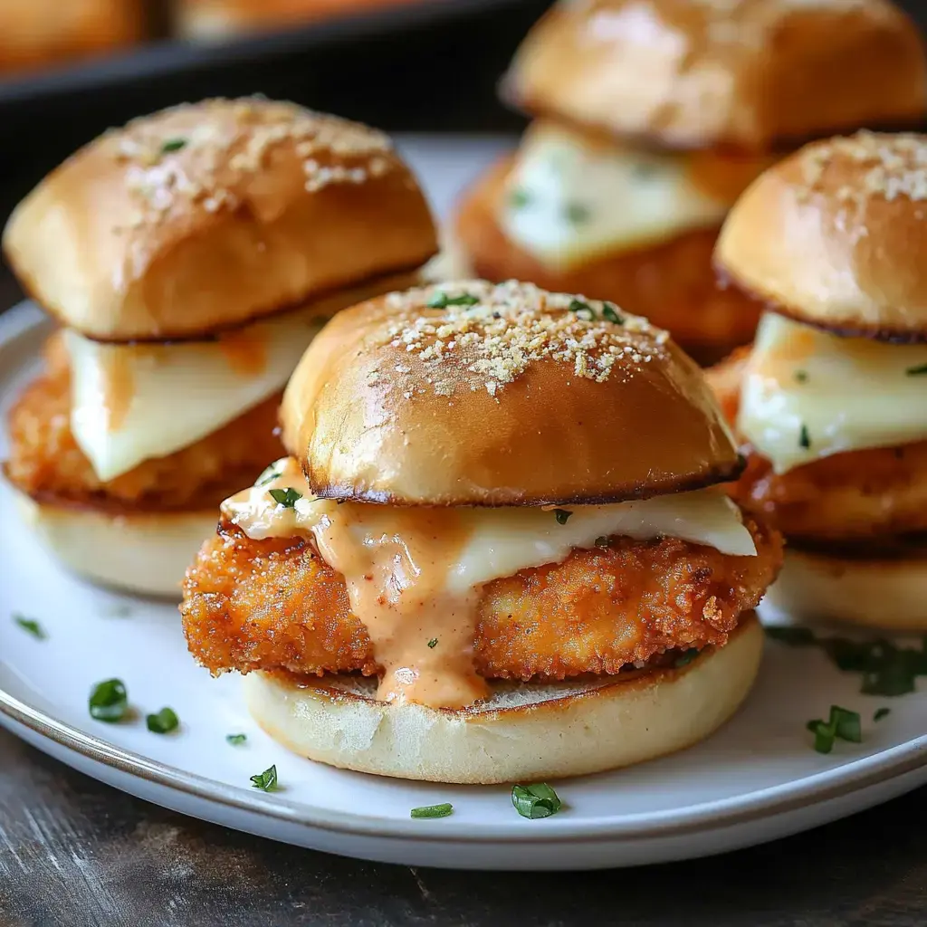 Three mini chicken sandwiches topped with a crispy golden patty, melted cheese, a drizzle of sauce, and fresh herbs.