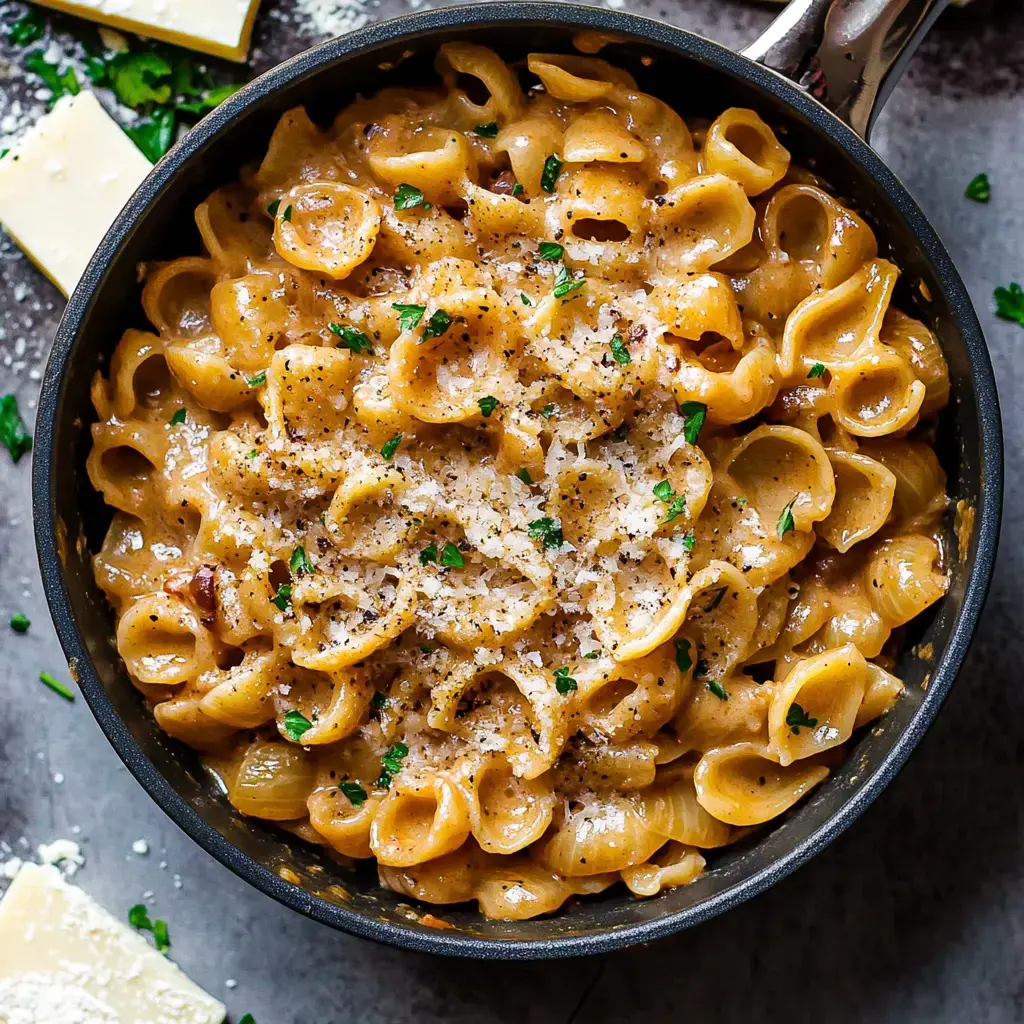 Close-up of a bowl of creamy onion pasta topped with cheese and parsley, with cheese slices beside it.