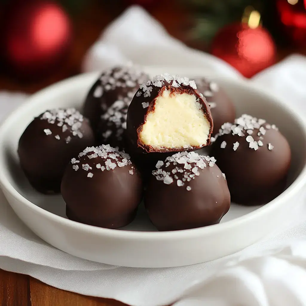 Soft chocolate-dipped truffles dusted with salt. One is halved, showing its creamy, eggnog-flavored center.