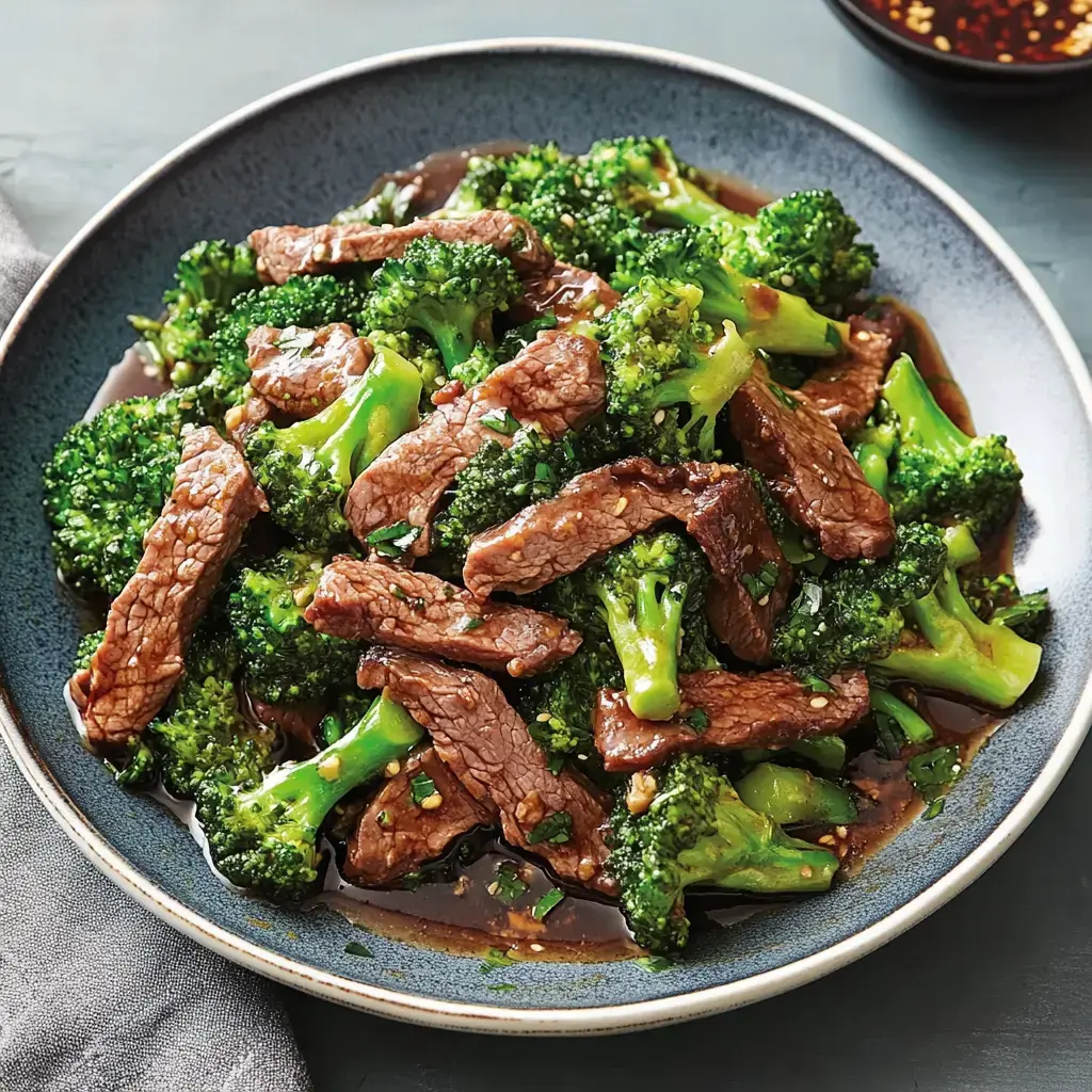 Stir-fried beef and bright broccoli smothered in rich sauce, all served up in a bowl.