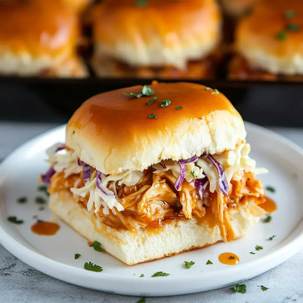 A sandwich with shredded chicken, creamy slaw, and sticky sauce on a white dish.